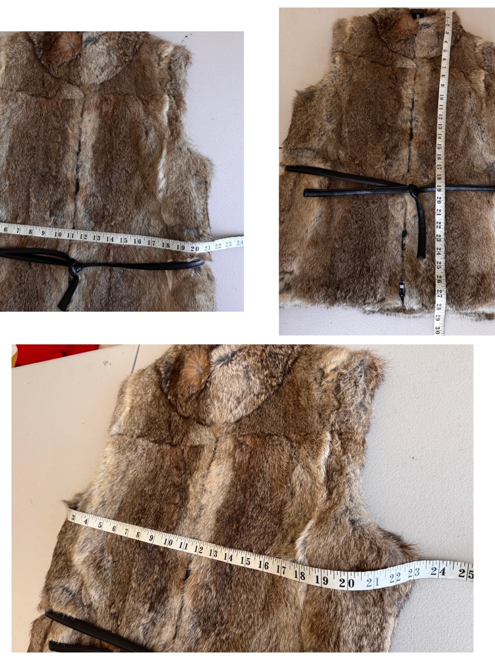 Express World Brown 100% Rabbit Fur Front Zip High Collar Vest with Belt Large - Picture 8 of 11